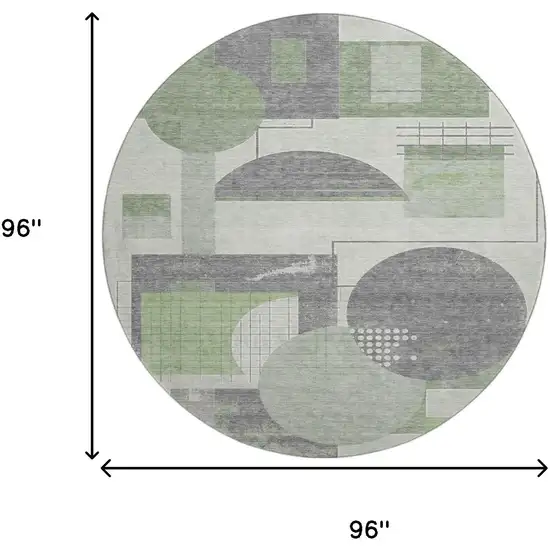 8' Green Gray And Ivory Geometric Washable Round Rug With UV Protection Photo 9