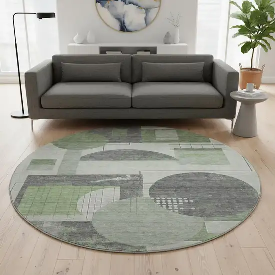 8' Green Gray And Ivory Geometric Washable Round Rug With UV Protection Photo 2