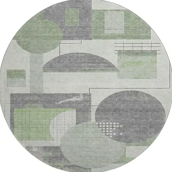 8' Green Gray And Ivory Geometric Washable Round Rug With UV Protection Photo 3