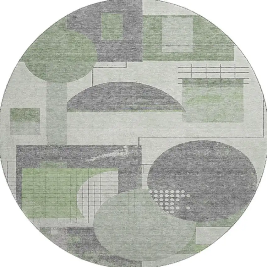 8' Green Gray And Ivory Geometric Washable Round Rug With UV Protection Photo 3
