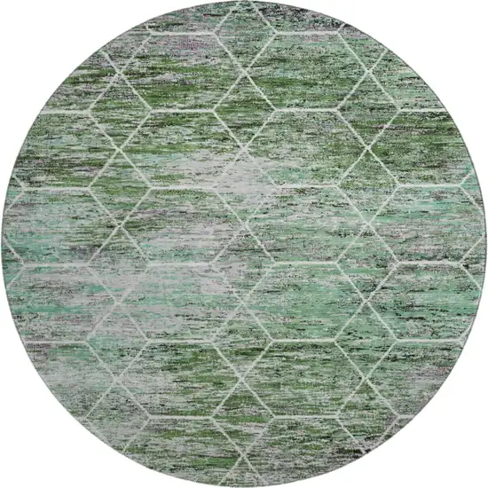 8' Green Gray And Ivory Geometric Washable Round Rug With UV Protection Photo 1