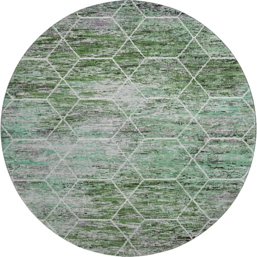 8' Green Gray And Ivory Geometric Washable Round Rug With UV Protection Photo 1