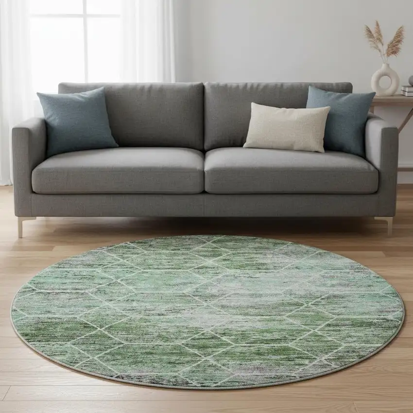 8' Green Gray And Ivory Geometric Washable Round Rug With UV Protection Photo 2