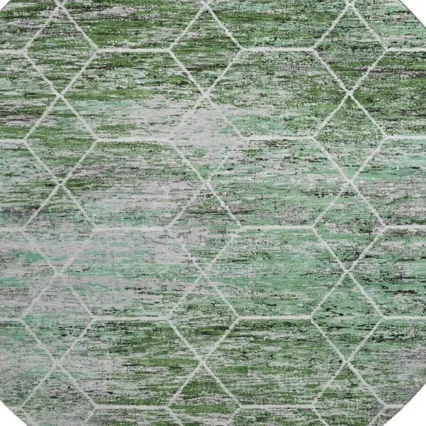 8' Green Gray And Ivory Geometric Washable Round Rug With UV Protection Photo 2