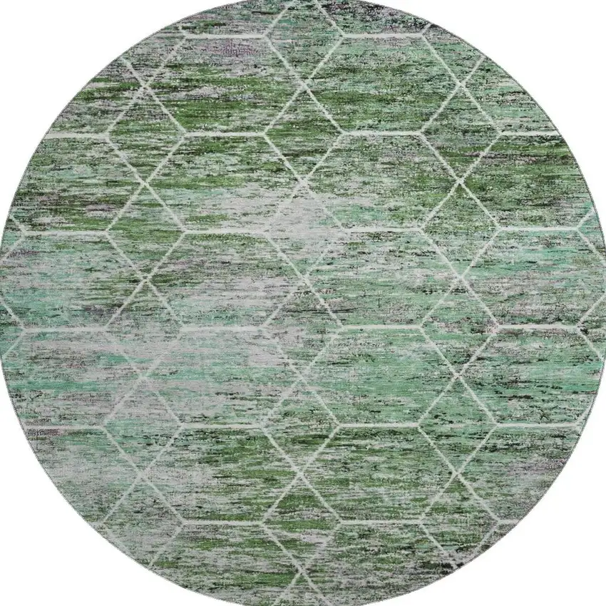 8' Green Gray And Ivory Geometric Washable Round Rug With UV Protection Photo 3