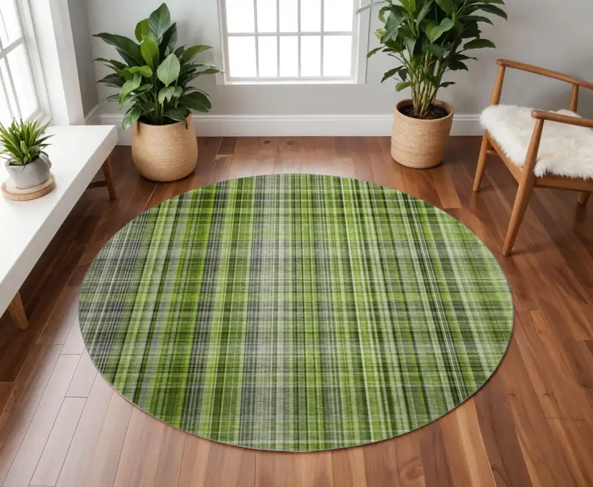 8' Green Gray And Ivory Plaid Washable Round Rug With UV Protection Photo 2