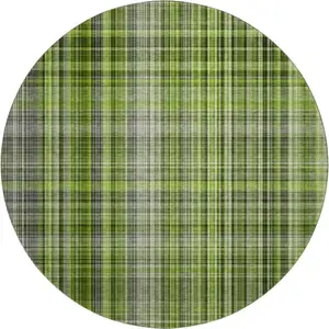 Photo of 8' Green Gray And Ivory Plaid Washable Round Rug With UV Protection