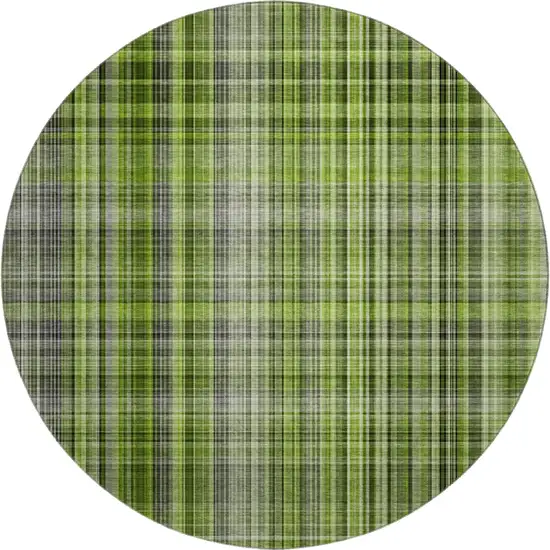 8' Green Gray And Ivory Plaid Washable Round Rug With UV Protection Photo 1
