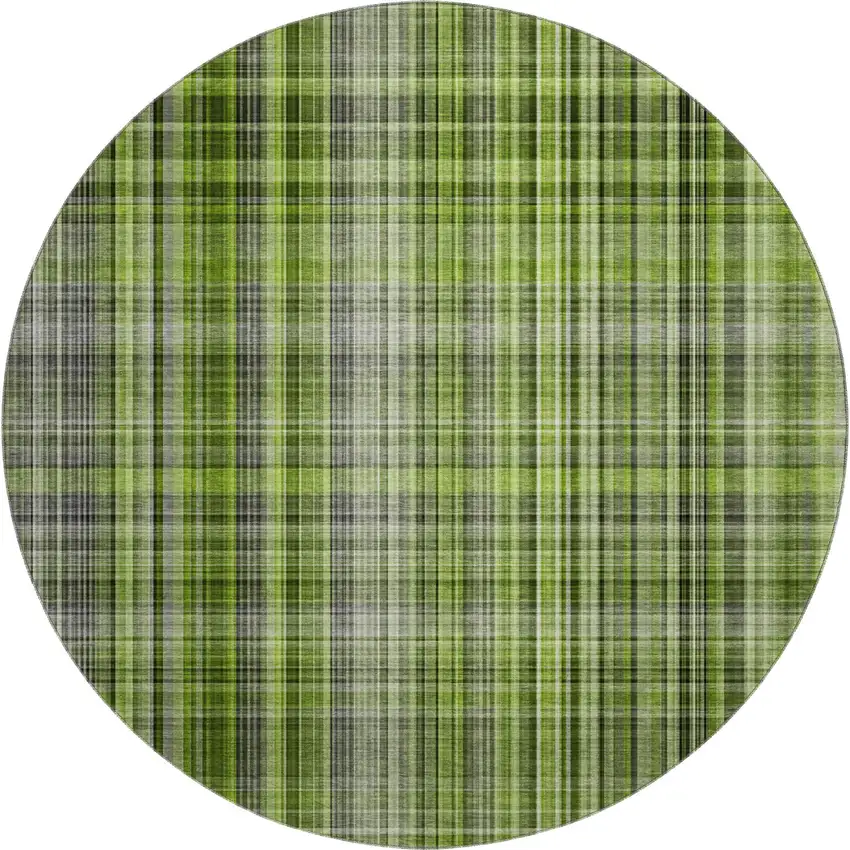 8' Green Gray And Ivory Plaid Washable Round Rug With UV Protection Photo 1