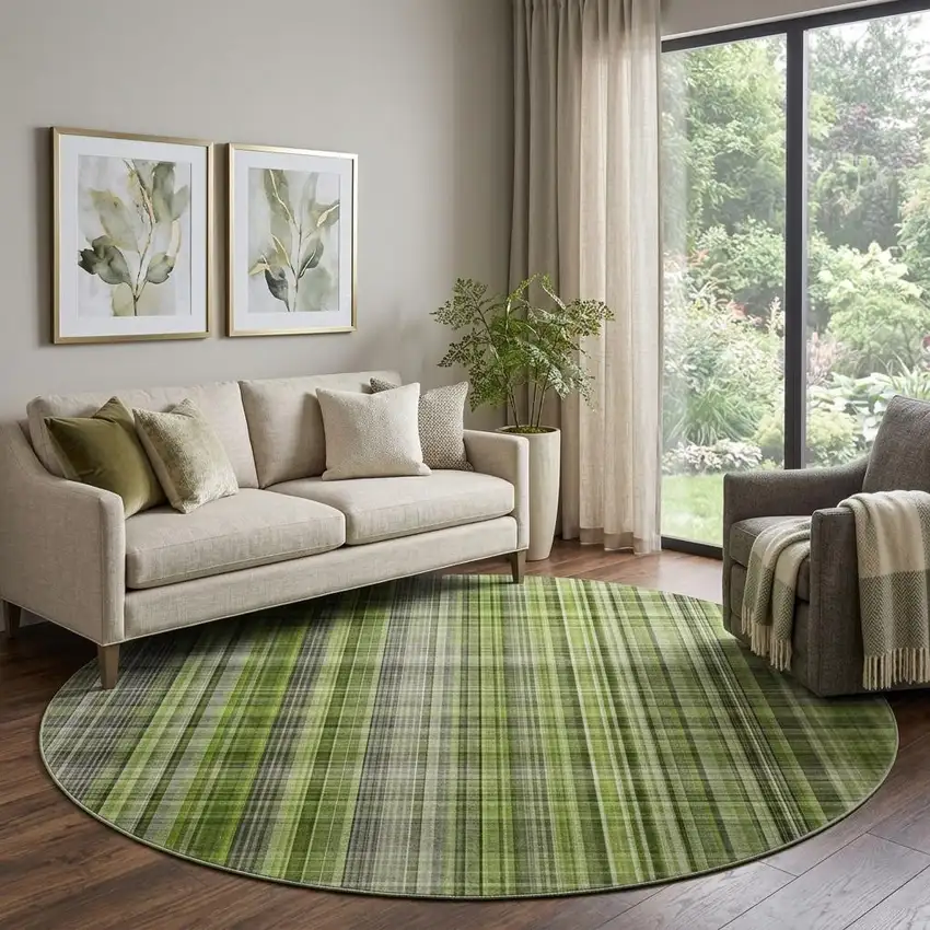8' Green Gray And Ivory Plaid Washable Round Rug With UV Protection Photo 1