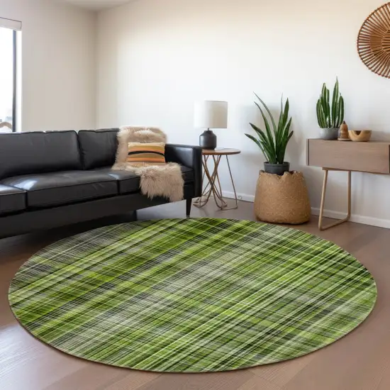 8' Green Gray And Ivory Plaid Washable Round Rug With UV Protection Photo 5