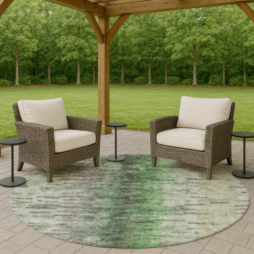 8' Green Gray And Ivory Round Abstract Washable Indoor Outdoor Area Rug Photo 8