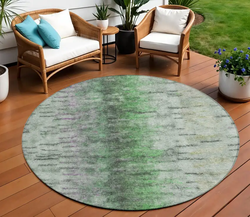 8' Green Gray And Ivory Round Abstract Washable Indoor Outdoor Area Rug Photo 1