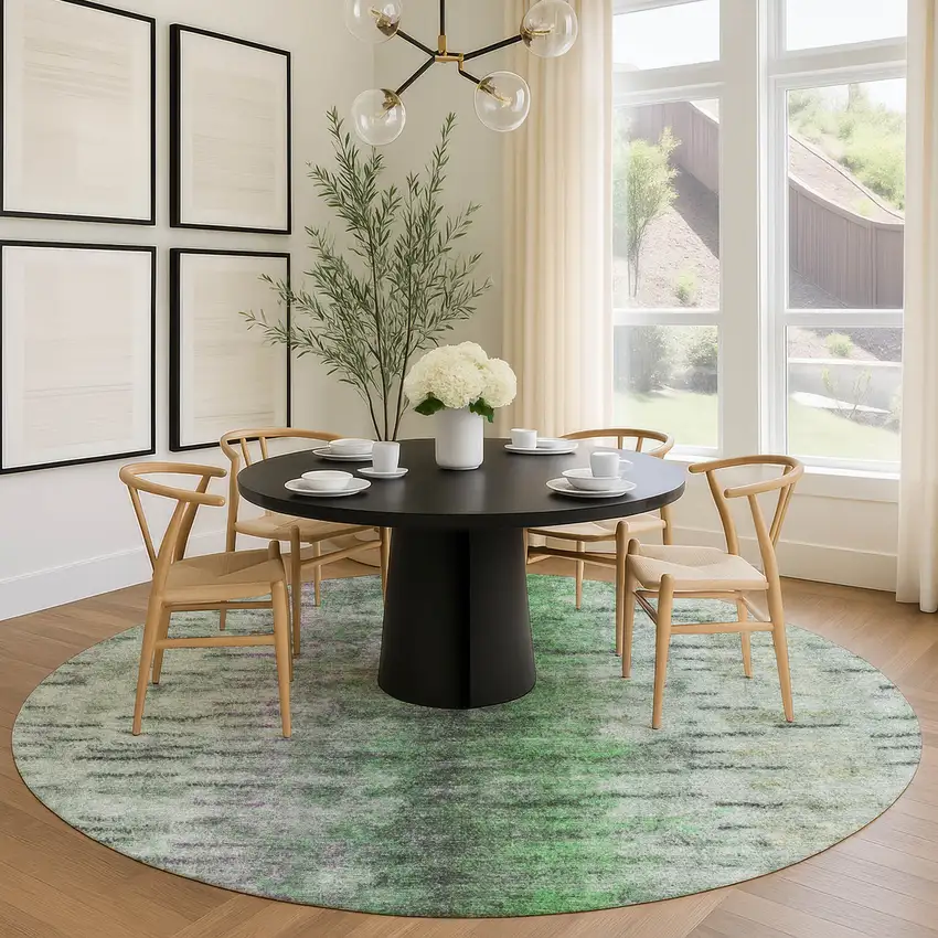 8' Green Gray And Ivory Round Abstract Washable Indoor Outdoor Area Rug Photo 9