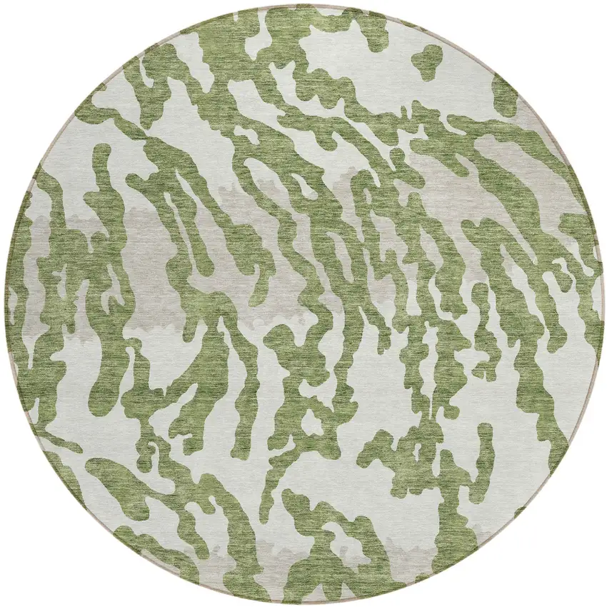 8' Green Gray And Ivory Round Animal Print Washable Indoor Outdoor Area Rug Photo 2