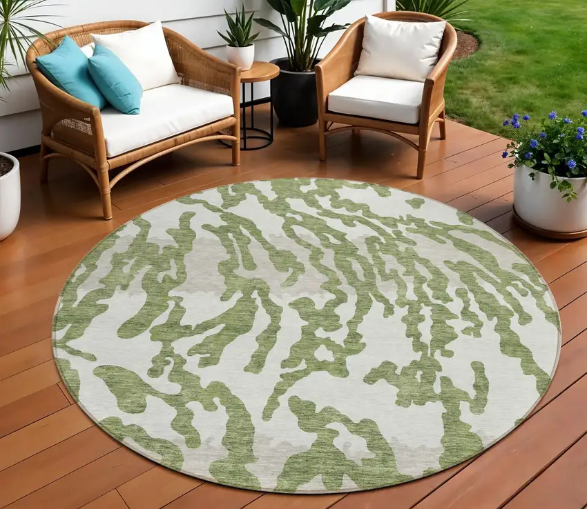 8' Green Gray And Ivory Round Animal Print Washable Indoor Outdoor Area Rug Photo 1