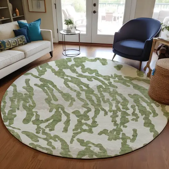 8' Green Gray And Ivory Round Animal Print Washable Indoor Outdoor Area Rug Photo 7