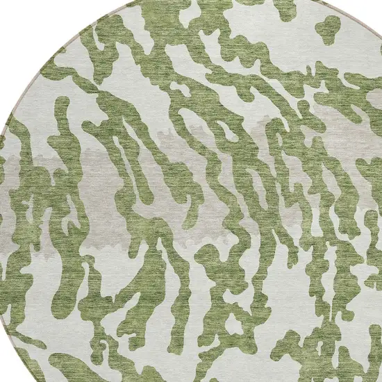 8' Green Gray And Ivory Round Animal Print Washable Indoor Outdoor Area Rug Photo 4