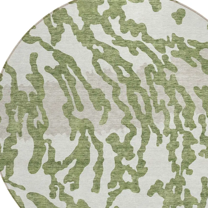8' Green Gray And Ivory Round Animal Print Washable Indoor Outdoor Area Rug Photo 4