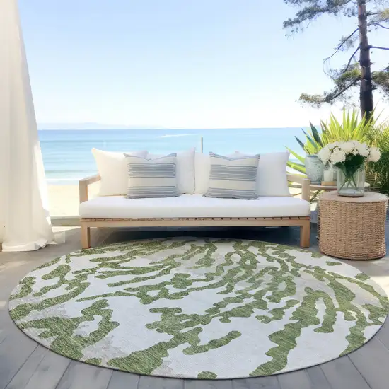8' Green Gray And Ivory Round Animal Print Washable Indoor Outdoor Area Rug Photo 6