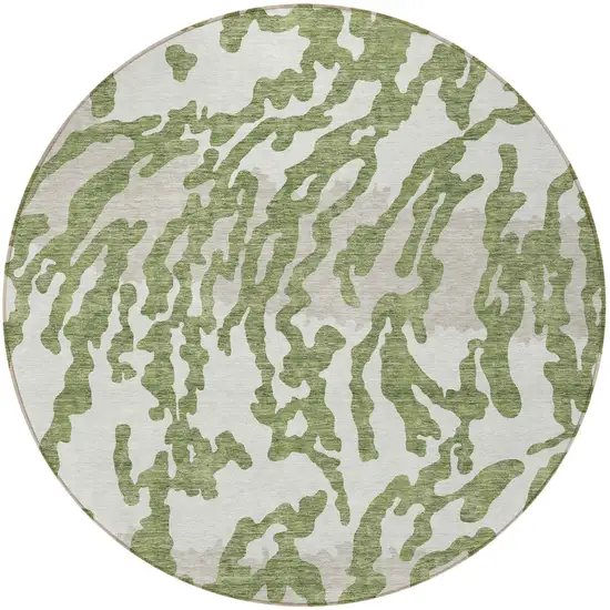 8' Green Gray And Ivory Round Animal Print Washable Indoor Outdoor Area Rug Photo 5