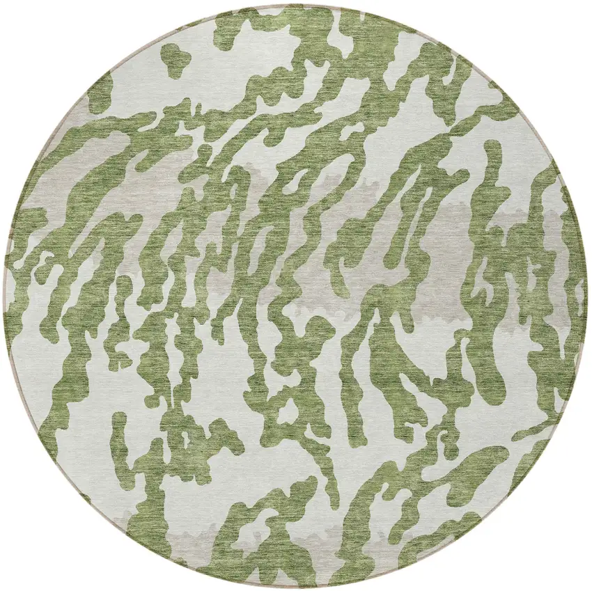 8' Green Gray And Ivory Round Animal Print Washable Indoor Outdoor Area Rug Photo 5