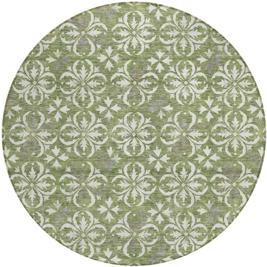 8' Green Gray And Ivory Round Floral Washable Indoor Outdoor Area Rug Photo 2
