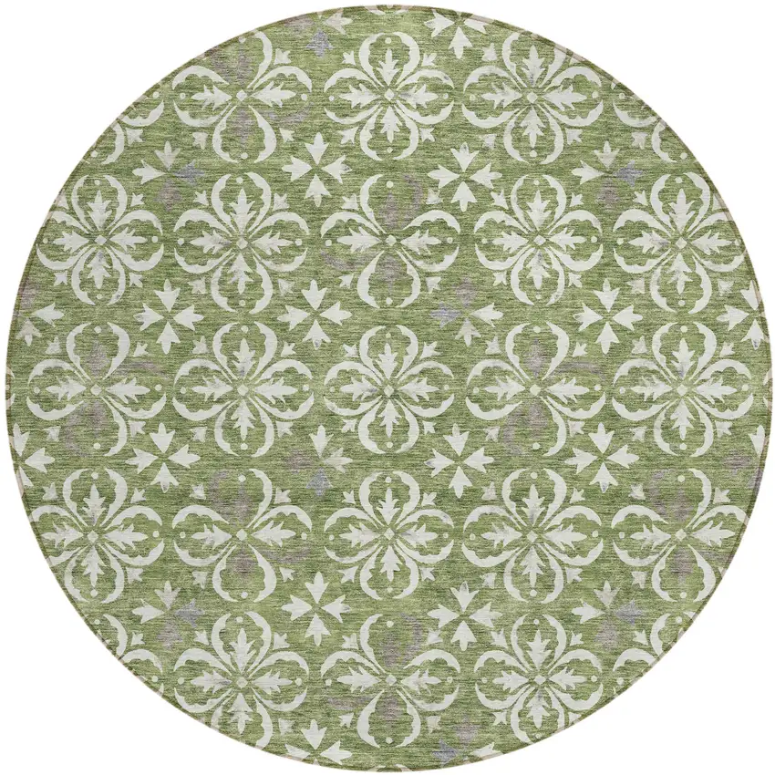 8' Green Gray And Ivory Round Floral Washable Indoor Outdoor Area Rug Photo 2