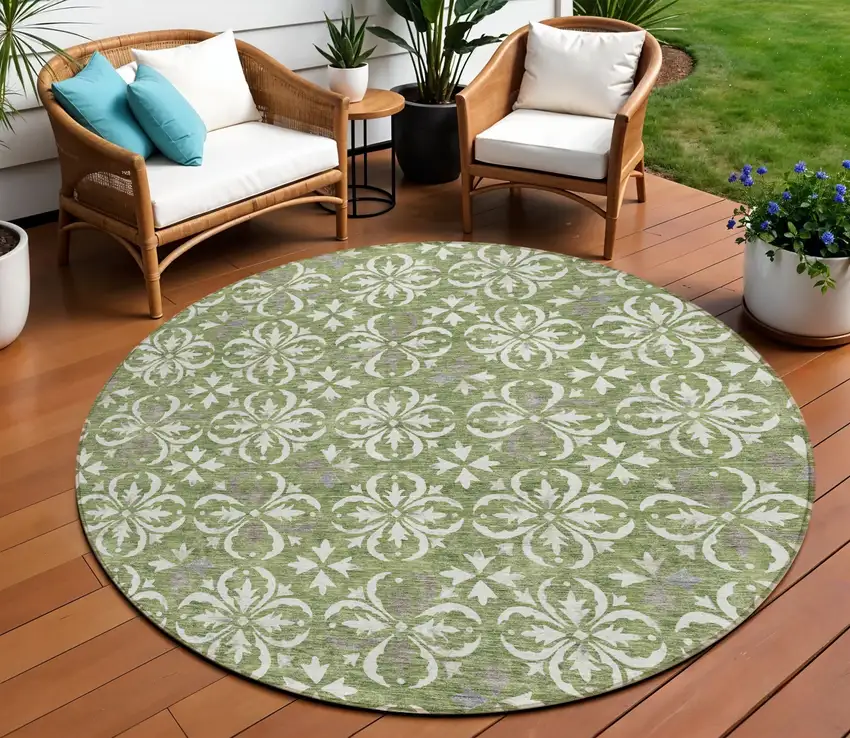 8' Green Gray And Ivory Round Floral Washable Indoor Outdoor Area Rug Photo 1
