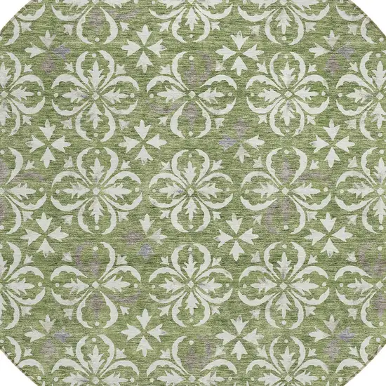 8' Green Gray And Ivory Round Floral Washable Indoor Outdoor Area Rug Photo 4