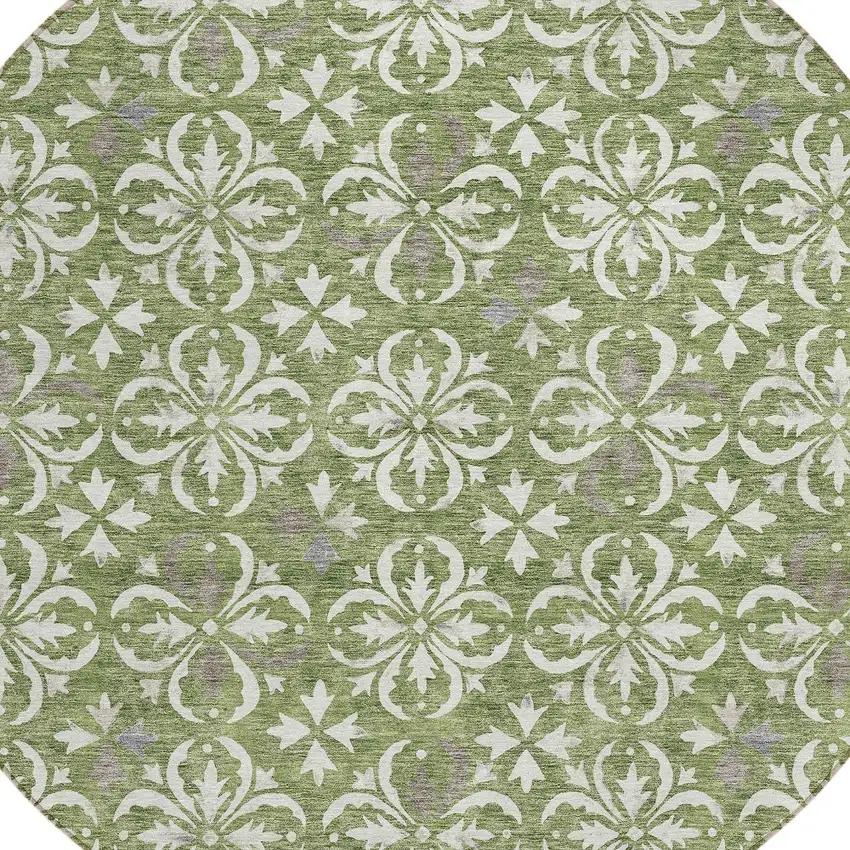 8' Green Gray And Ivory Round Floral Washable Indoor Outdoor Area Rug Photo 4