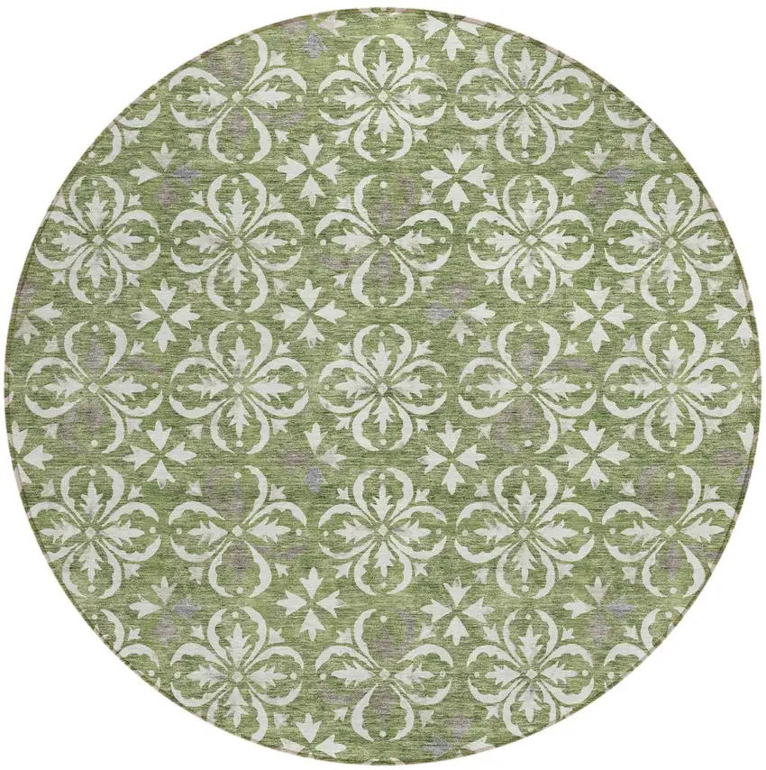 8' Green Gray And Ivory Round Floral Washable Indoor Outdoor Area Rug Photo 2