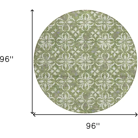 8' Green Gray And Ivory Round Floral Washable Indoor Outdoor Area Rug Photo 3