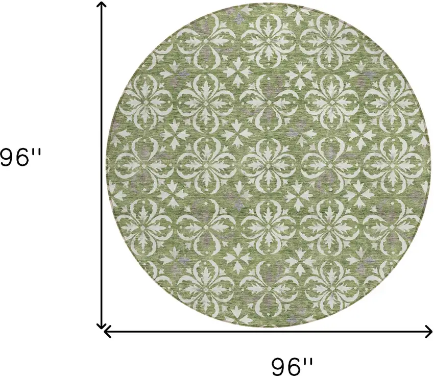 8' Green Gray And Ivory Round Floral Washable Indoor Outdoor Area Rug Photo 3