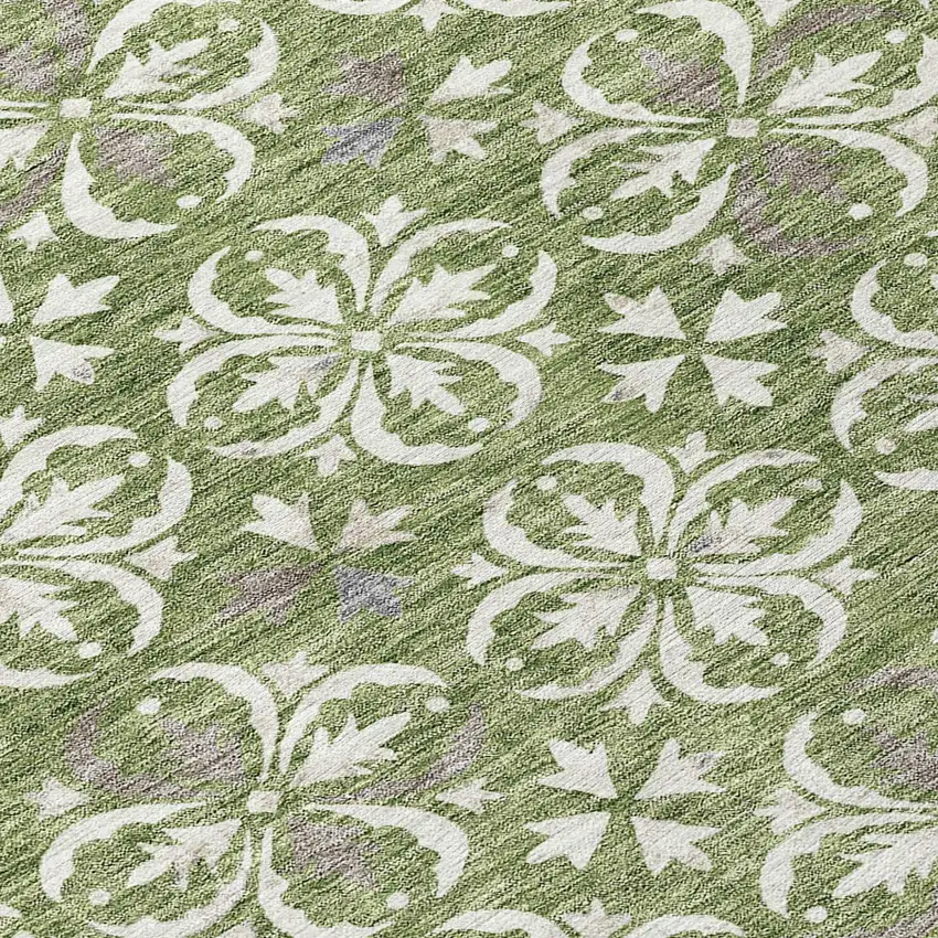 8' Green Gray And Ivory Round Floral Washable Indoor Outdoor Area Rug Photo 8