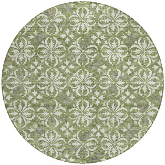 8' Green Gray And Ivory Round Floral Washable Indoor Outdoor Area Rug Photo 5
