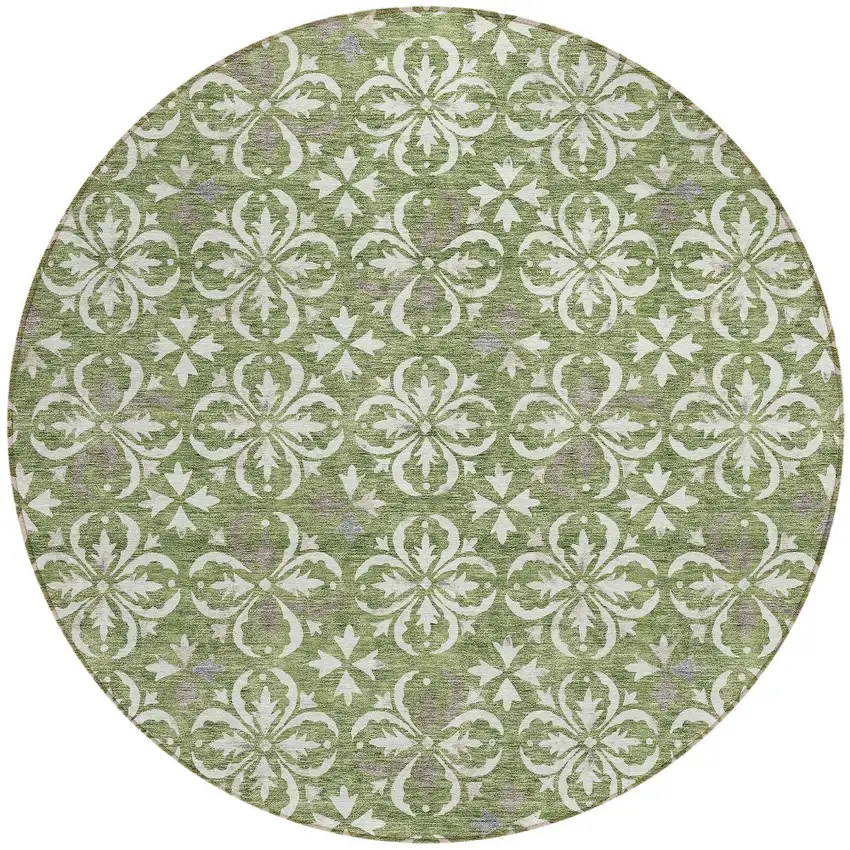 8' Green Gray And Ivory Round Floral Washable Indoor Outdoor Area Rug Photo 5