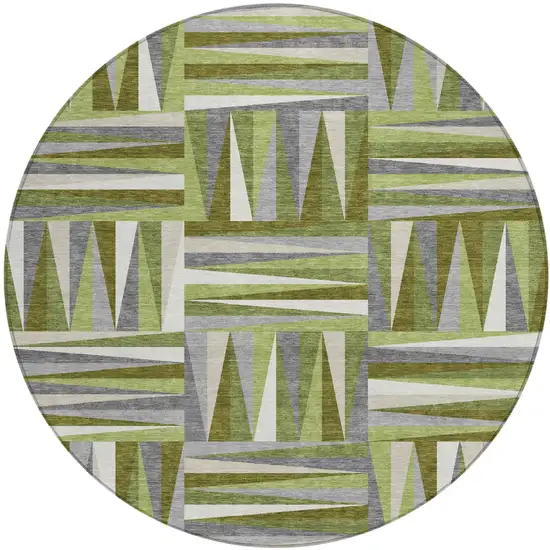 8' Green Gray And Ivory Round Geometric Washable Indoor Outdoor Area Rug Photo 2