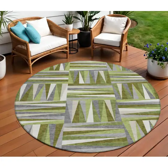 8' Green Gray And Ivory Round Geometric Washable Indoor Outdoor Area Rug Photo 1