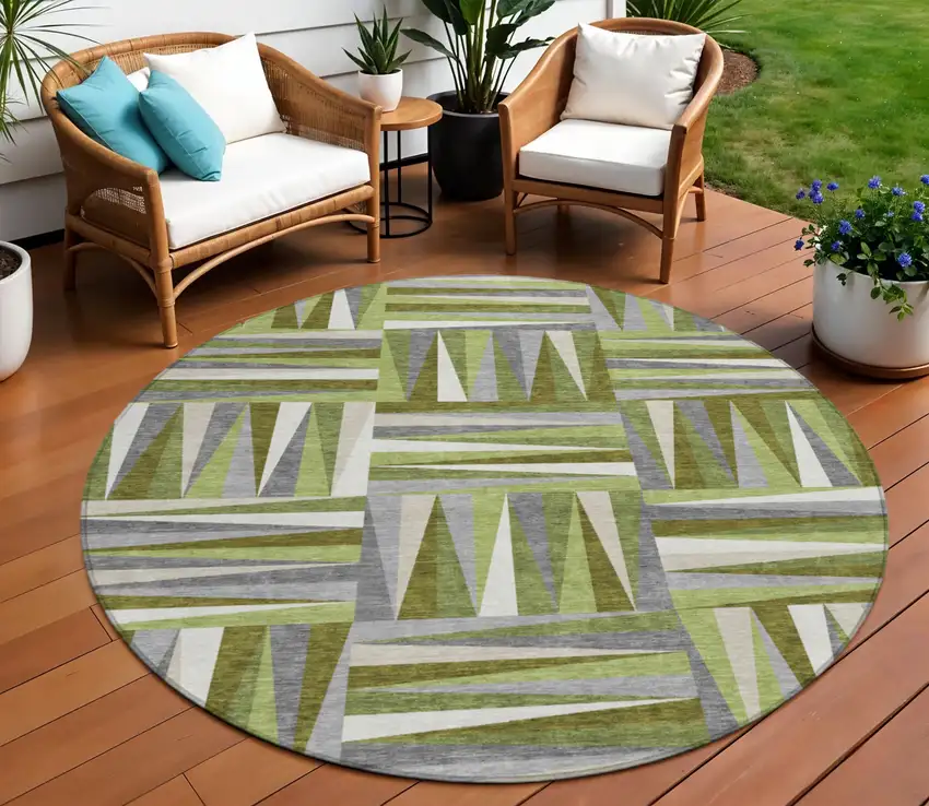 8' Green Gray And Ivory Round Geometric Washable Indoor Outdoor Area Rug Photo 1
