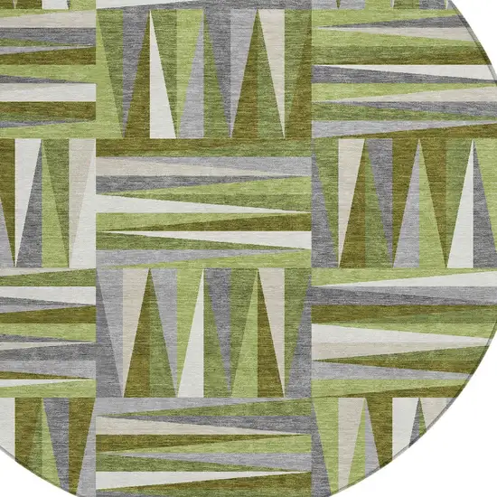 8' Green Gray And Ivory Round Geometric Washable Indoor Outdoor Area Rug Photo 4