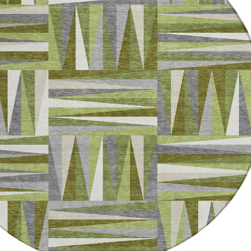 8' Green Gray And Ivory Round Geometric Washable Indoor Outdoor Area Rug Photo 4