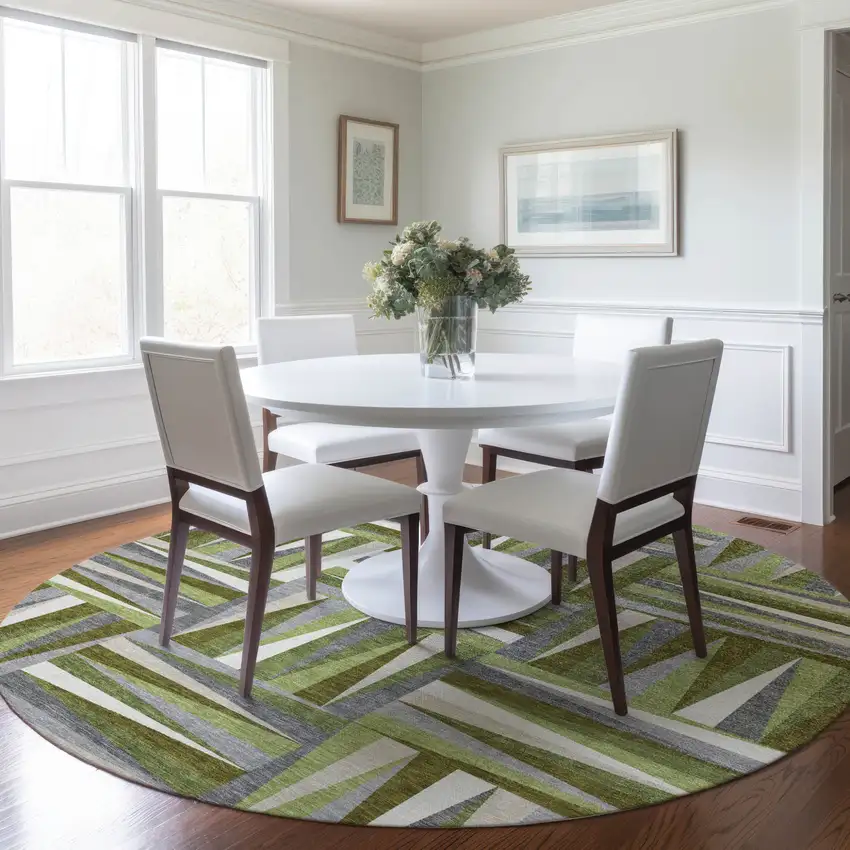 8' Green Gray And Ivory Round Geometric Washable Indoor Outdoor Area Rug Photo 8