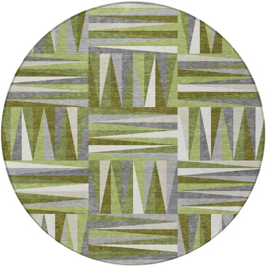 8' Green Gray And Ivory Round Geometric Washable Indoor Outdoor Area Rug Photo 6