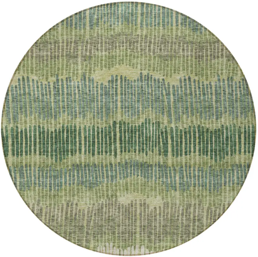 8' Green Gray And Ivory Round Striped Washable Indoor Outdoor Area Rug Photo 5