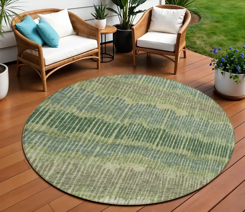 8' Green Gray And Ivory Round Striped Washable Indoor Outdoor Area Rug Photo 1