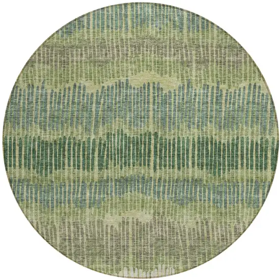 8' Green Gray And Ivory Round Striped Washable Indoor Outdoor Area Rug Photo 4