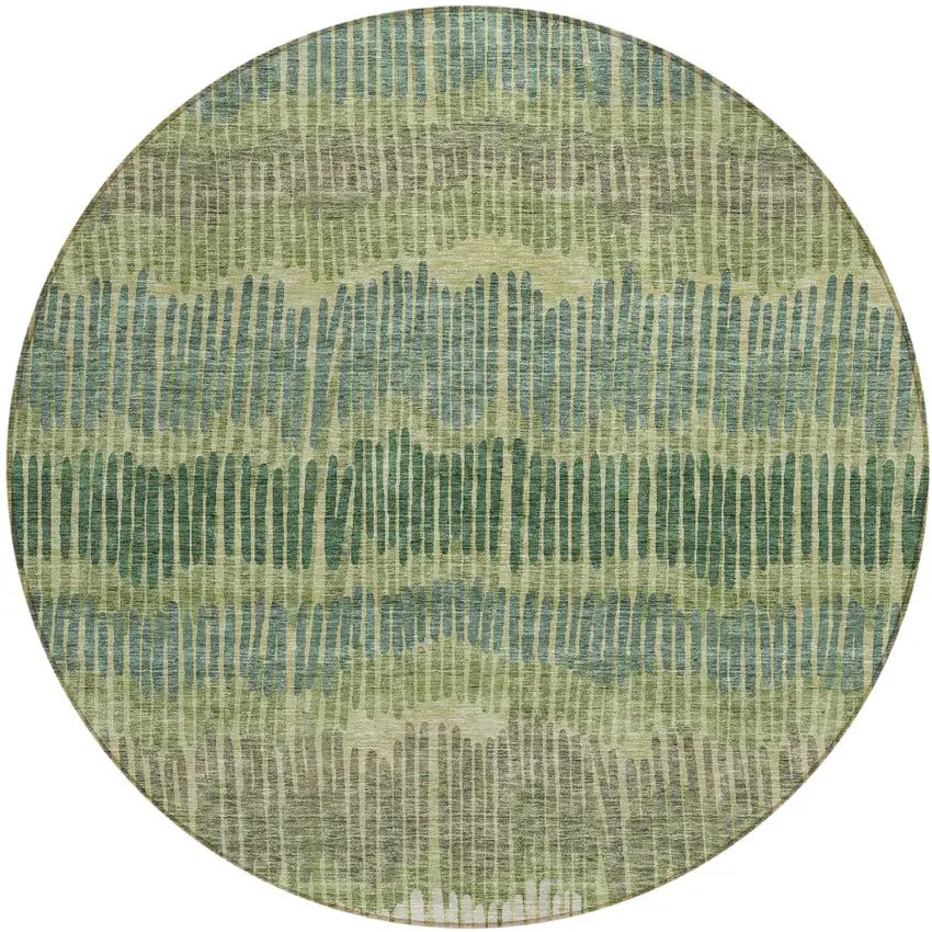 8' Green Gray And Ivory Round Striped Washable Indoor Outdoor Area Rug Photo 2