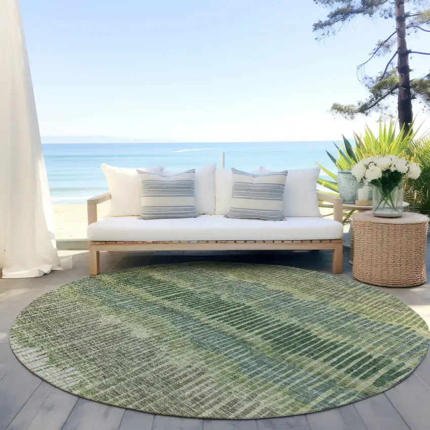 8' Green Gray And Ivory Round Striped Washable Indoor Outdoor Area Rug Photo 6