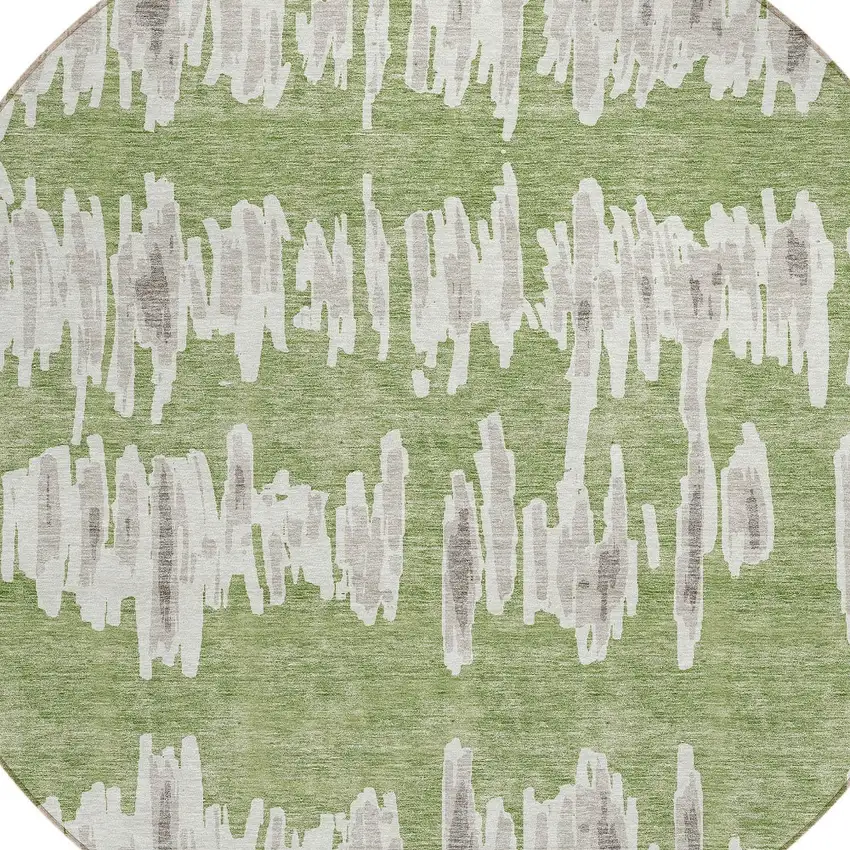8' Green Gray And Ivory Round Striped Washable Indoor Outdoor Area Rug Photo 5